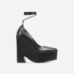 EGO Wandering Lace Up Pointed Toe Platform Wedge Heel In Black Faux Leather -EGO Sales 20 01 23 fw acc52698 sq