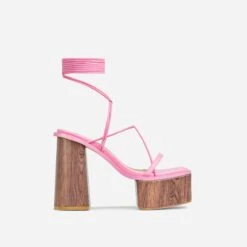 EGO Free-Soul Lace Up Strappy Square Toe Wood Effect Platform Block Heel In Pink Faux Leather -EGO Sales 20 01 23 fw acc52700 sq