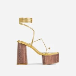 EGO Free-Soul Lace Up Strappy Square Toe Wood Effect Platform Block Heel In Gold Faux Leather -EGO Sales 20 01 23 fw acc52701 sq