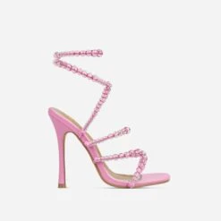 EGO Daya Lace Up Beaded Strap Detail Square Toe Stiletto Heel In Pink Faux Leather -EGO Sales 20 01 23 fw acc52703 1 sq