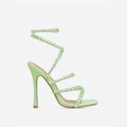 EGO Daya Lace Up Beaded Strap Detail Square Toe Stiletto Heel In Green Faux Leather -EGO Sales 20 01 23 fw acc52703 2 sq