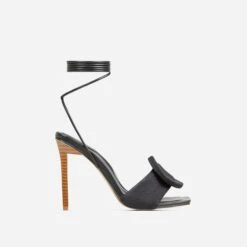 EGO Layla Lace Up Mix Match Buckle Detail Square Toe Stiletto Heel In Black Linen -EGO Sales 20 01 23 fw acc52705 sq