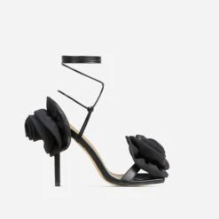 EGO Rosalia Lace Up Knotted Strap 3D Rose Detail Square Toe Stiletto Heel In Black Faux Leather -EGO Sales 20 01 23 fw acc52715 sq