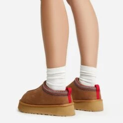 EGO Tazmin Aztec Detail Faux Fur Lining Platform Slipper In Chestnut Faux Suede -EGO Sales 20 01 23 fw acc52721 sb