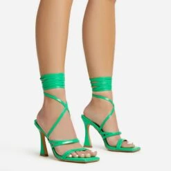EGO Sorbet Lace Up Strappy Square Toe Flared Block Heel In Green Patent