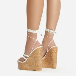EGO Meg Lace Up Strappy Cork Platform Wedge Heel In White Faux Leather -EGO Sales 20 01 23 fw acc52746 sb