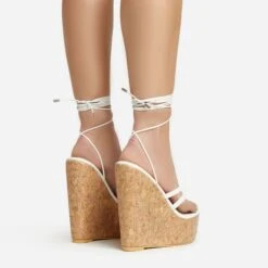 EGO Meg Lace Up Strappy Cork Platform Wedge Heel In White Faux Leather -EGO Sales 20 01 23 fw acc52747 sb2