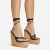 EGO Meg Lace Up Strappy Cork Platform Wedge Heel In Black Faux Leather -EGO Sales 20 01 23 fw acc52748 s
