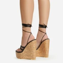 EGO Meg Lace Up Strappy Cork Platform Wedge Heel In Black Faux Leather -EGO Sales 20 01 23 fw acc52750 sb2