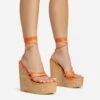 EGO Meg Lace Up Strappy Cork Platform Wedge Heel In Orange Faux Leather -EGO Sales 20 01 23 fw acc52752 s