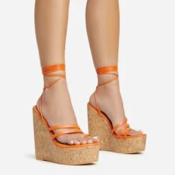 EGO Meg Lace Up Strappy Cork Platform Wedge Heel In Orange Faux Leather