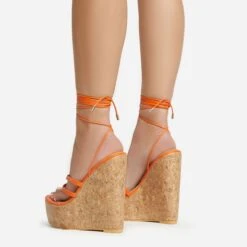 EGO Meg Lace Up Strappy Cork Platform Wedge Heel In Orange Faux Leather -EGO Sales 20 01 23 fw acc52754 sb