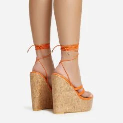 EGO Meg Lace Up Strappy Cork Platform Wedge Heel In Orange Faux Leather -EGO Sales 20 01 23 fw acc52755 sb2