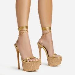 EGO West-Coast Lace Up Open Toe Cork Platform Stiletto Heel In Gold Faux Leather