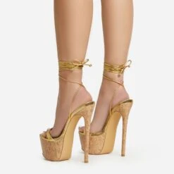 EGO West-Coast Lace Up Open Toe Cork Platform Stiletto Heel In Gold Faux Leather -EGO Sales 20 01 23 fw acc52758 sb