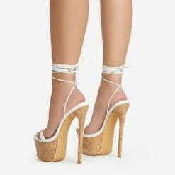 EGO West-Coast Lace Up Open Toe Cork Platform Stiletto Heel In White Faux Leather -EGO Sales 20 01 23 fw acc52766 sb