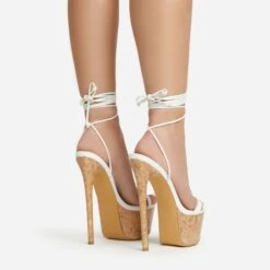 EGO West-Coast Lace Up Open Toe Cork Platform Stiletto Heel In White Faux Leather -EGO Sales 20 01 23 fw acc52766 sb2