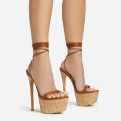 EGO West-Coast Lace Up Open Toe Cork Platform Stiletto Heel In Tan Brown Faux Leather