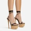EGO West-Coast Lace Up Open Toe Cork Platform Stiletto Heel In Black Faux Leather