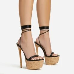 EGO West-Coast Lace Up Open Toe Cork Platform Stiletto Heel In Black Faux Leather