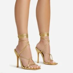 EGO Summer-Night Lace Up Textured Strap Detail Square Toe Heel In Gold Faux Leather