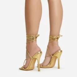 EGO Summer-Night Lace Up Textured Strap Detail Square Toe Heel In Gold Faux Leather -EGO Sales 20 01 23 fw acc52791 sb