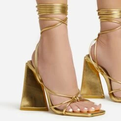 EGO Love-Booth Lace Up Knotted Strap Detail Square Toe Sculptured Flared Block Heel In Gold Faux Leather -EGO Sales 20 01 23 fw acc52822 sq
