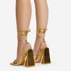 EGO Love-Booth Lace Up Knotted Strap Detail Square Toe Sculptured Flared Block Heel In Gold Faux Leather -EGO Sales 20 01 23 fw acc52823 sb2