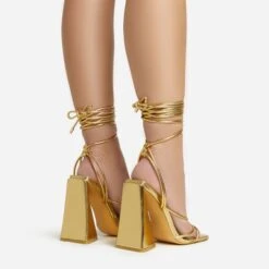 EGO Love-Booth Lace Up Knotted Strap Detail Square Toe Sculptured Flared Block Heel In Gold Faux Leather -EGO Sales 20 01 23 fw acc52824 sb