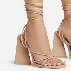 EGO Love-Booth Lace Up Knotted Strap Detail Square Toe Sculptured Flared Block Heel In Nude Faux Leather -EGO Sales 20 01 23 fw acc52830 sq