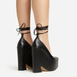EGO Wandering Lace Up Pointed Toe Platform Wedge Heel In Black Faux Leather -EGO Sales 20 01 23 fw acc52897 sb2