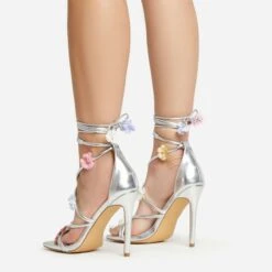 EGO Flower-Child Lace Up Strappy 3D Flower Detail Square Toe Stiletto Heel In Silver Faux Leather -EGO Sales 20 01 23 fw acc52994 sq