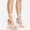 EGO Flower-Child Lace Up Strappy 3D Flower Detail Square Toe Stiletto Heel In White Faux Leather -EGO Sales 20 01 23 fw acc52996 sq