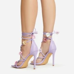 EGO Flower-Child Lace Up Strappy 3D Flower Detail Square Toe Stiletto Heel In Lilac Faux Leather -EGO Sales 20 01 23 fw acc53002 sq