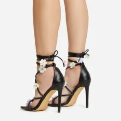 EGO Flower-Child Lace Up Strappy 3D Flower Detail Square Toe Stiletto Heel In Black Faux Leather -EGO Sales 20 01 23 fw acc53006 sq