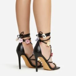 EGO Flower-Child Lace Up Strappy 3D Flower Detail Square Toe Stiletto Heel In Black Faux Leather -EGO Sales 20 01 23 fw acc53007 sq