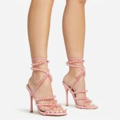 EGO Daya Lace Up Beaded Strap Detail Square Toe Stiletto Heel In Pink Faux Leather