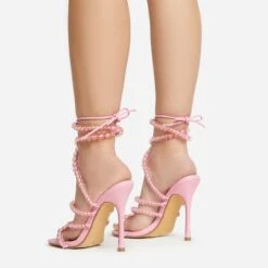 EGO Daya Lace Up Beaded Strap Detail Square Toe Stiletto Heel In Pink Faux Leather -EGO Sales 20 01 23 fw acc53018 sq