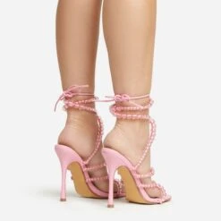 EGO Daya Lace Up Beaded Strap Detail Square Toe Stiletto Heel In Pink Faux Leather -EGO Sales 20 01 23 fw acc53019 sq