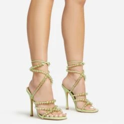 EGO Daya Lace Up Beaded Strap Detail Square Toe Stiletto Heel In Green Faux Leather