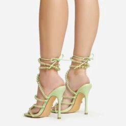 EGO Daya Lace Up Beaded Strap Detail Square Toe Stiletto Heel In Green Faux Leather -EGO Sales 20 01 23 fw acc53022 sq
