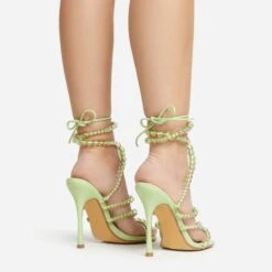 EGO Daya Lace Up Beaded Strap Detail Square Toe Stiletto Heel In Green Faux Leather -EGO Sales 20 01 23 fw acc53023 sq