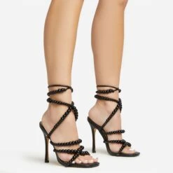 EGO Daya Lace Up Beaded Strap Detail Square Toe Stiletto Heel In Black Faux Leather