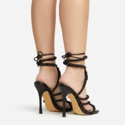 EGO Daya Lace Up Beaded Strap Detail Square Toe Stiletto Heel In Black Faux Leather -EGO Sales 20 01 23 fw acc53031 sq