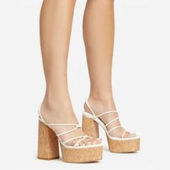 EGO Buffy Twisted Strap Detail Slingback Cork Platform Block Heel In White Faux Leather