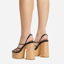 EGO Buffy Twisted Strap Detail Slingback Cork Platform Block Heel In Black Faux Leather -EGO Sales 20 01 23 fw acc53046 sq
