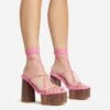 EGO Free-Soul Lace Up Strappy Square Toe Wood Effect Platform Block Heel In Pink Faux Leather -EGO Sales 20 01 23 fw acc53050 sq