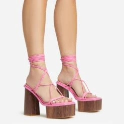 EGO Free-Soul Lace Up Strappy Square Toe Wood Effect Platform Block Heel In Pink Faux Leather