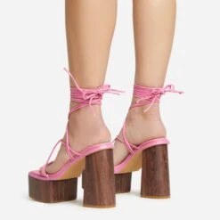EGO Free-Soul Lace Up Strappy Square Toe Wood Effect Platform Block Heel In Pink Faux Leather -EGO Sales 20 01 23 fw acc53052 sq