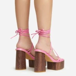 EGO Free-Soul Lace Up Strappy Square Toe Wood Effect Platform Block Heel In Pink Faux Leather -EGO Sales 20 01 23 fw acc53053 sq